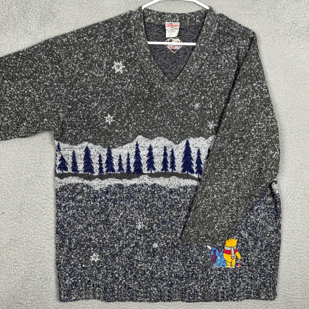 Vintage Disney Sweater Womens XL V-Neck Grey Winnie the Pooh Christmas Winter
